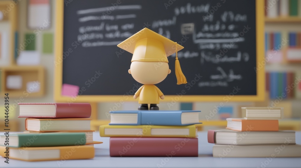 Aufkleber a small graduation figure in a yellow cap sits on stacks of books, with a chalkboard visible, creati