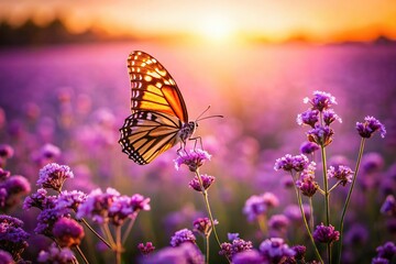 Obraz premium silhouette of butterfly flying over purple flowers at sunset