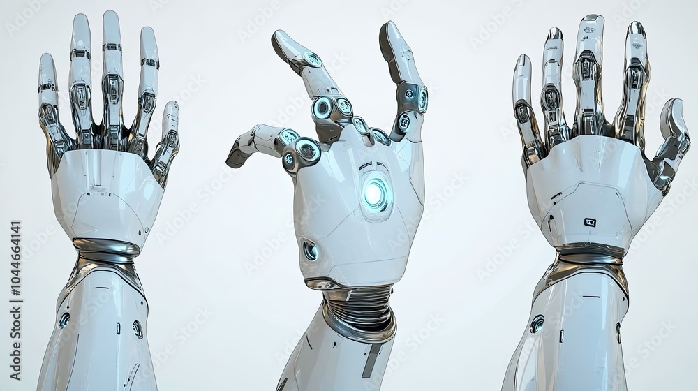 Poster robot hands displaying delicate gestures in a futuristic environment generative ai