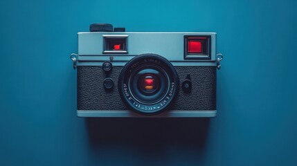 A vintage silver camera with a black lens sits on a blue background.