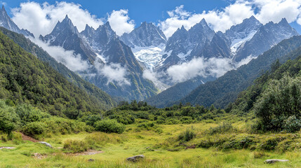A valley with lush green meadows and a majestic mountain range in the background. The mountains are covered in snow and clouds.