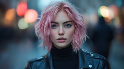Young model woman with pink hair fantasy cute face and defocused background on bokeh lights in street