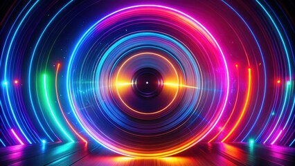 Obraz premium Vibrant neon spinning record with colorful light trails, neon, spinning, record, vinyl, colorful, lights, glowing, music