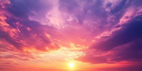 Obraz premium Beautiful evening sky mystical purple lights on cloud shades, cloudscape in great sky landscape view, shining lights on vast sky