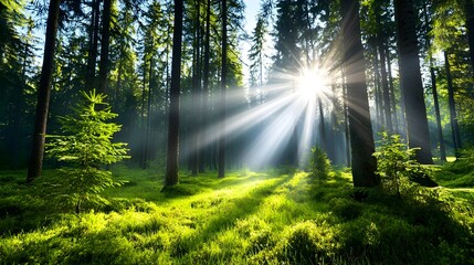 Fototapeta premium Dramatic golden rays of morning light streaming through the lush foliage and trees in a serene misty forest landscape casting a warm ethereal glow and soft shadows across the natural scene