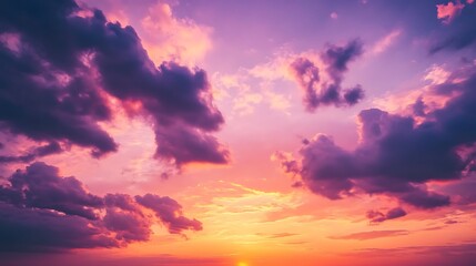 Obraz premium Beautiful evening sky mystical purple lights on cloud shades, cloudscape in great sky landscape view, shining lights on vast sky