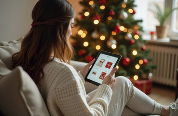 woman doing online shopping before christmas and new year on tablet sitting on sofa, smiling woman choosing gifts, cozy living room at home, christmas tree in background
