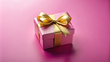 Obraz premium Symmetrical pink gift box with golden ribbon and bow on pink background
