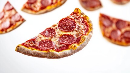 Slices of Salami Pizza Floating in Mid-Air Against a White Background Generative AI