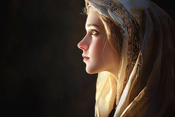 Saint Felicity, draped in traditional garb, exudes a serene strength and unwavering devotion, her face aglow with a gentle radiance.