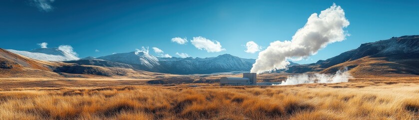 Stunning Panoramic View of Geothermal Power Plant Amidst Majestic Mountain Landscape and Golden Grass Fields Under Clear Blue Sky
