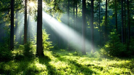 Obraz premium Soft morning sunlight streaming through the verdant trees in a calm and tranquil forest lighting up the forest floor with a warm and glowing golden hue