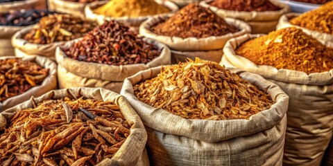 Fototapeta premium Close-up of various bags of dried tobacco leaves ready for storage or shipment , tobacco, dried, processed, leaves