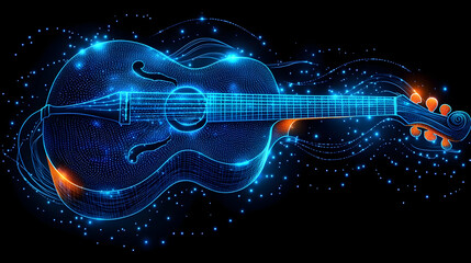 Abstract digital blue glowing guitar with twinkling lights.