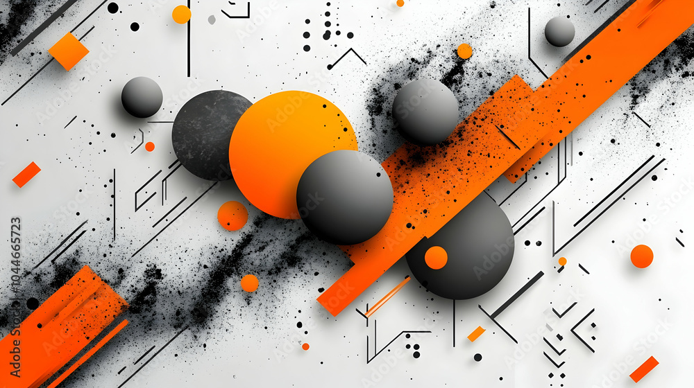 Wall mural Abstract geometric design with orange and black shapes on white background.