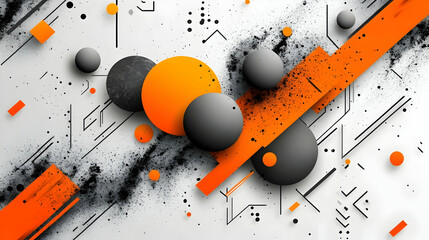 Obraz premium Abstract geometric design with orange and black shapes on white background.