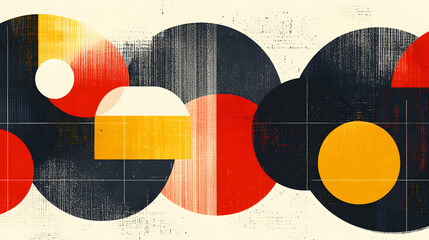 Abstract geometric shapes in red, yellow, and black on a white background with a grunge texture.