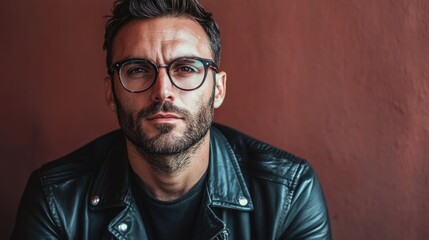 Obraz premium Hopeful biker wearing a black leather jacket and vintage glasses
