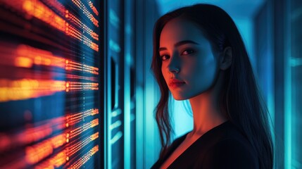 Young woman stands beside a row of illuminated data servers with reflections on her face showcasing the blend of human presence and advanced artificial intelligence technology