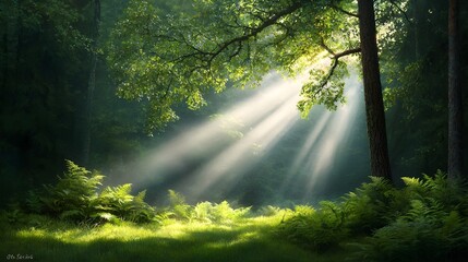 Obraz premium Soft morning sunlight shining through the trees in a tranquil forest casting golden beams and lighting up the lush verdant forest floor in a serene peaceful and enchanting scene