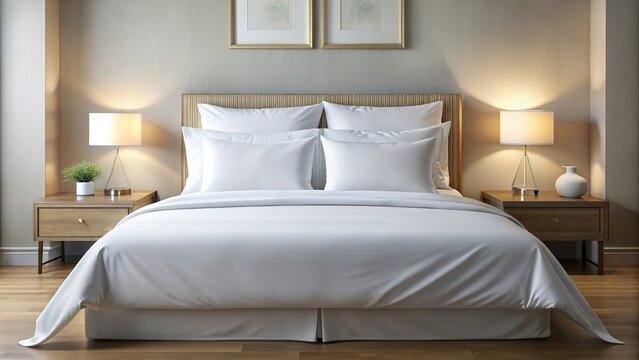 Symmetrical pristine white bedding with smooth and unwrinkled sheets evoking cleanliness and comfort in the bedroom