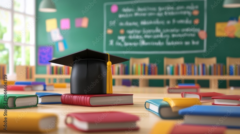 Leinwandbilder a graduation cap rests on a table cluttered with vibrant books in a classroom highlighted by cheerfu