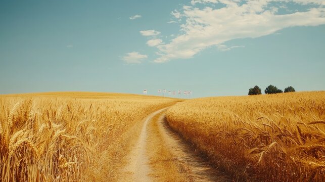 Golden wheat fields along a quiet road, election posters urging to vote, a peaceful countryside scene infused with democratic importance