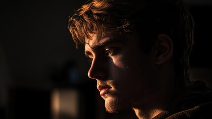 Contemplative Portrait Individual Deep in Thought in Dimly Lit Space with a Single Light Source Emphasizing Realism and High Contrast