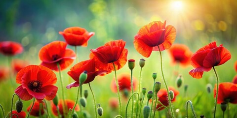 Fototapeta premium Vibrant red poppies contrasting against lush green grass, nature, flowers, blooming, vivid, colorful, summer, meadow, field