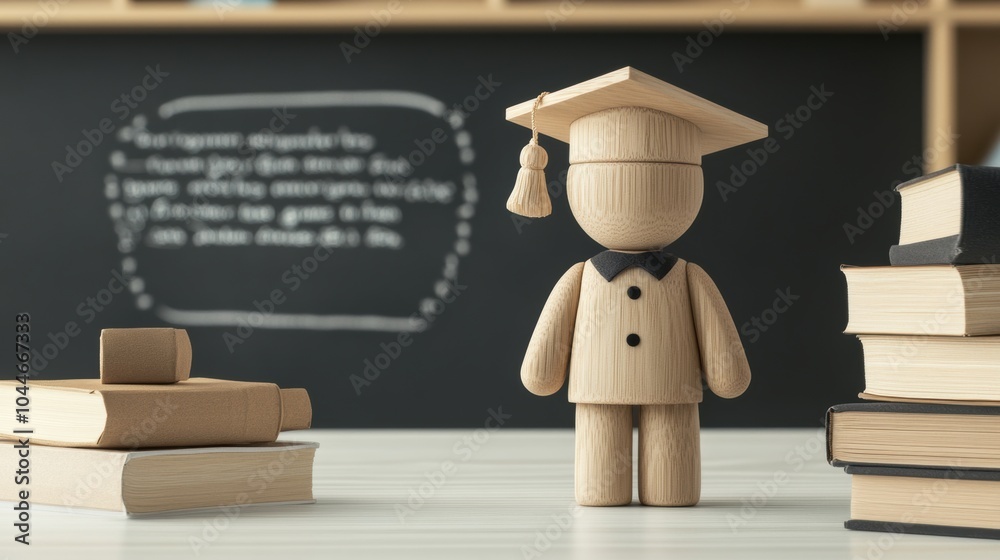 Poster a wooden figurine in a graduation cap stands next to stacks of books on a desk, symbolizing academic