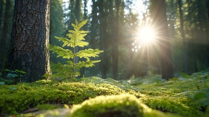 Obraz premium Soft golden sunlight beams streaming through the verdant foliage lighting up the tranquil and serene moss covered forest floor during the early morning hours