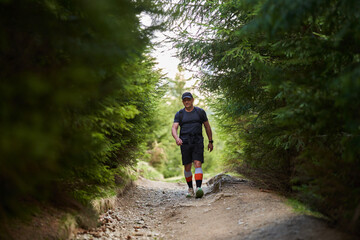 Obraz premium Man hiker with backpack in the pine forest