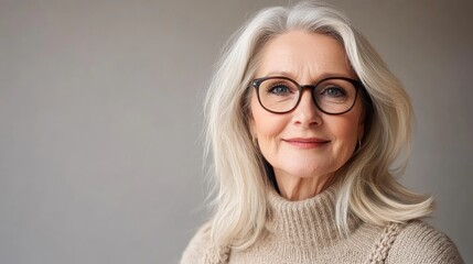 Portrait of an attractive older woman wearing glasses against a neutral backdrop