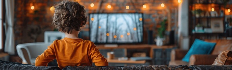 Young boy sitting on a couch watching television, banner, copy space