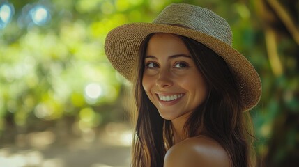 Woman smiling while wearing a hat in a natural setting Cheerful ambiance
