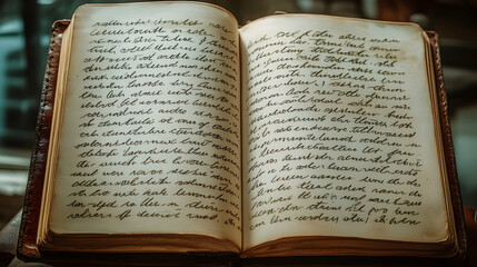 Obraz premium An open antique book with aged pages and handwritten text.