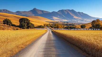 Road through vast wheat fields, vote posters lining the path, golden crops reflecting calm serenity, peaceful yet important call to civic participation