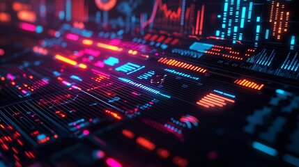 Obraz premium Abstract Digital Interface with Colorful Graphs and Metrics