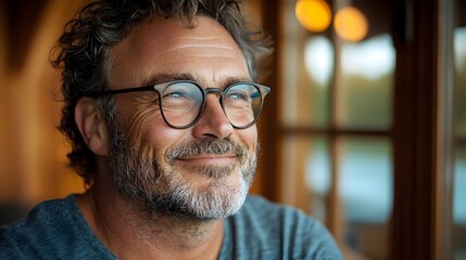 Fototapeta premium A joyful bespectacled man stands contentedly in the warm gentle glow of indoor sunlight basking in the peaceful warmth and tranquility of the moment His expression radiates happiness optimism