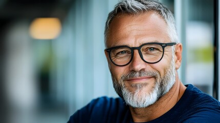 A happy man in glasses standing by the window and basking in the soft rays of the indoor sun with a serene and content smile on his face