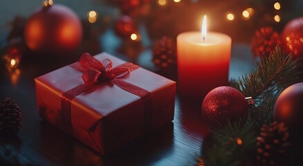 Red gift box with a ribbon on a table near a burning candle and Christmas decoration.