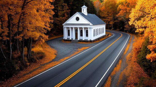 Scenic road to a historic town hall where people are queued up to vote, the peaceful country setting amplifying the beauty and importance of the moment