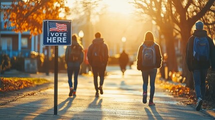 School exterior on election day, bright sun shining, close-up of VOTE HERE sign, American flag waving, voters blurred in motion, civic duty atmosphere