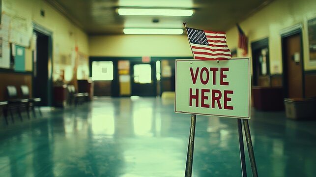School gym polling station with VOTE HERE sign, softly blurred flag and voters in background, calm yet civic moment, election day mood