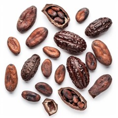 Obraz premium Isolated of cocoa, Brown roasted cocoa beans seeds isolated, cocoa bean isolate, white background, bean isolated on white