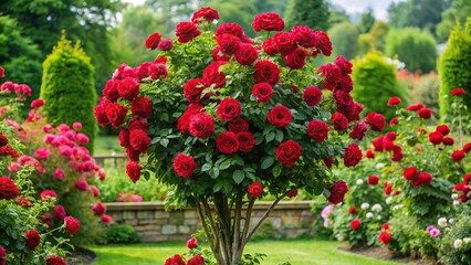 Symmetrical red rose bush in summer garden