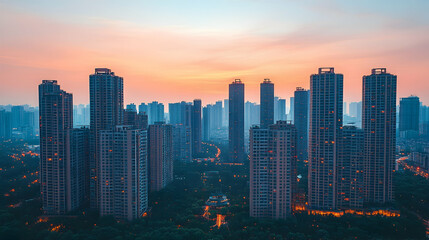 Obraz premium Cityscape with Skyscrapers at Sunset.