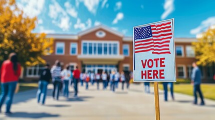 Obraz premium Sunny school yard with a large VOTE HERE sign, American flag waving gently, blurred figures of voters entering the building, democratic participation scene