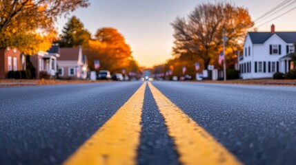 Well-paved road in a picturesque town, lined with campaign signs, voters walking, vibrant representation of democracy in a small-town setting
