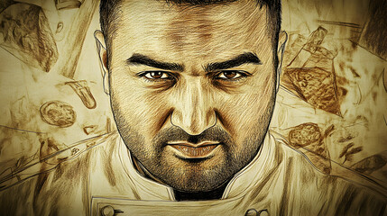 Close-up portrait of a man with a serious expression, surrounded by money.